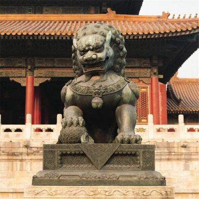 銅雕仿古門口對獅子雕塑大型景區(qū)裝飾擺件