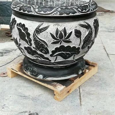 青石石雕庭院大型浮雕荷花魚缸 