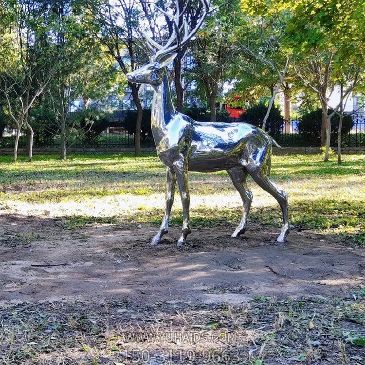 不銹鋼鏡面鹿，園林梅花鹿動物擺件雕塑